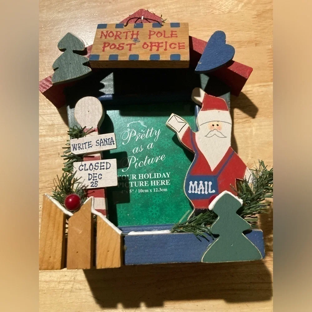 Christmas picture frame featuring North Pole Mail service & Santa. Vintage Kmart